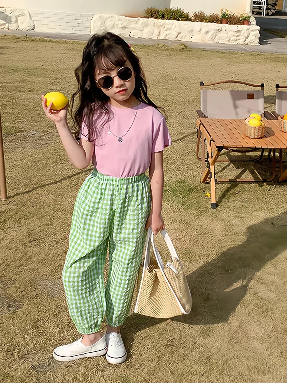 BINIDUCKLING Toddler Pull Up Loose Gingham Girls Pants 2-9 Years