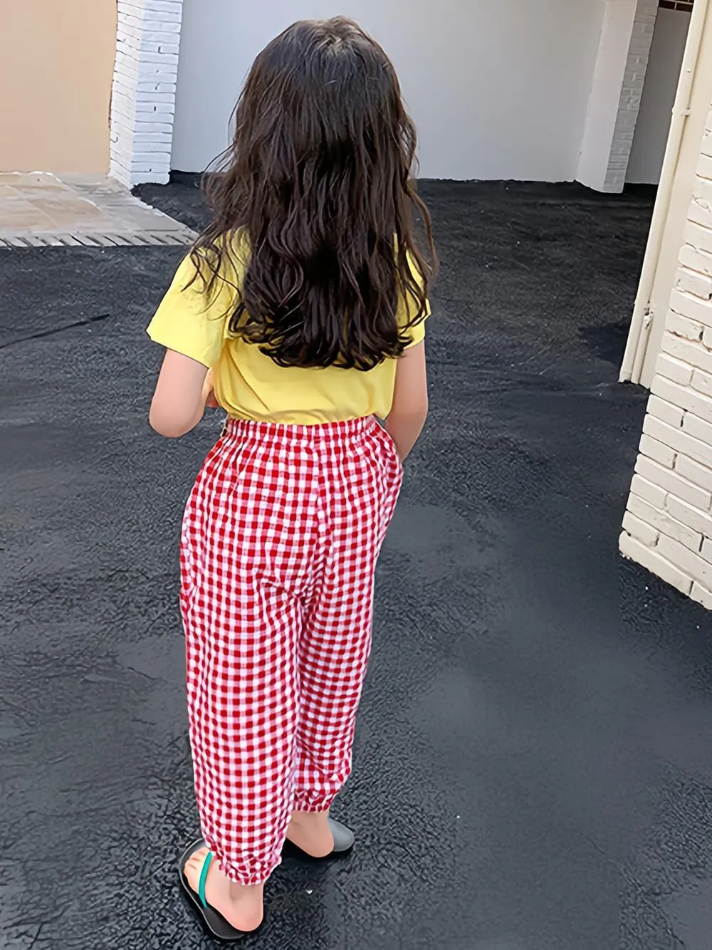 BINIDUCKLING Toddler Pull Up Loose Gingham Girls Pants 2-9 Years