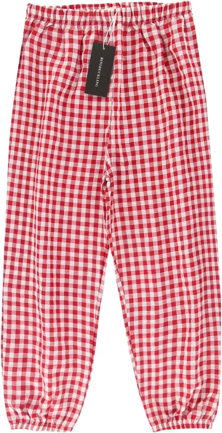 BINIDUCKLING Toddler Pull Up Loose Gingham Girls Pants 2-9 Years