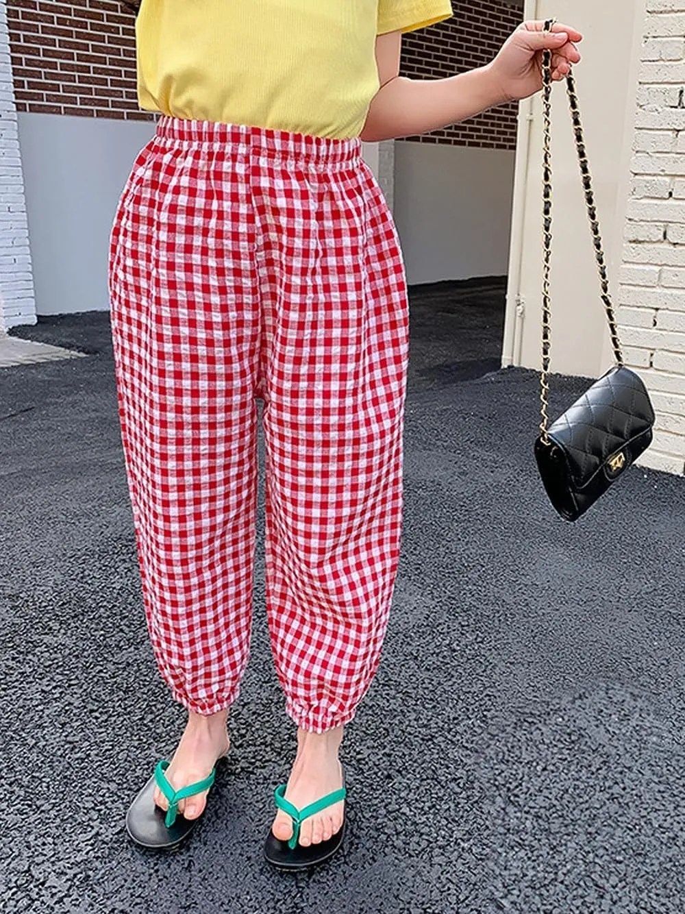 BINIDUCKLING Toddler Pull Up Loose Gingham Girls Pants 2-9 Years