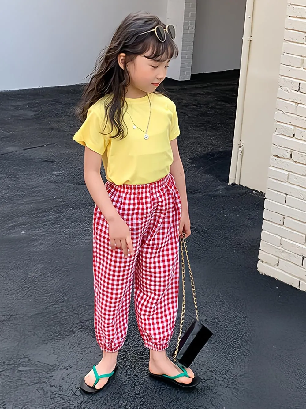 BINIDUCKLING Toddler Pull Up Loose Gingham Girls Pants 2-9 Years