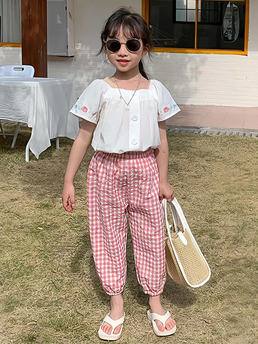 BINIDUCKLING Toddler Pull Up Loose Gingham Girls Pants 2-9 Years