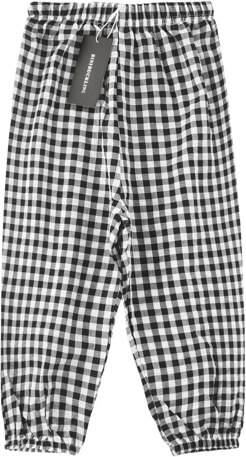 BINIDUCKLING Toddler Pull Up Loose Gingham Girls Pants 2-9 Years