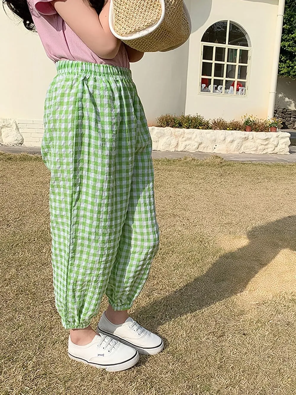 BINIDUCKLING Toddler Pull Up Loose Gingham Girls Pants 2-9 Years
