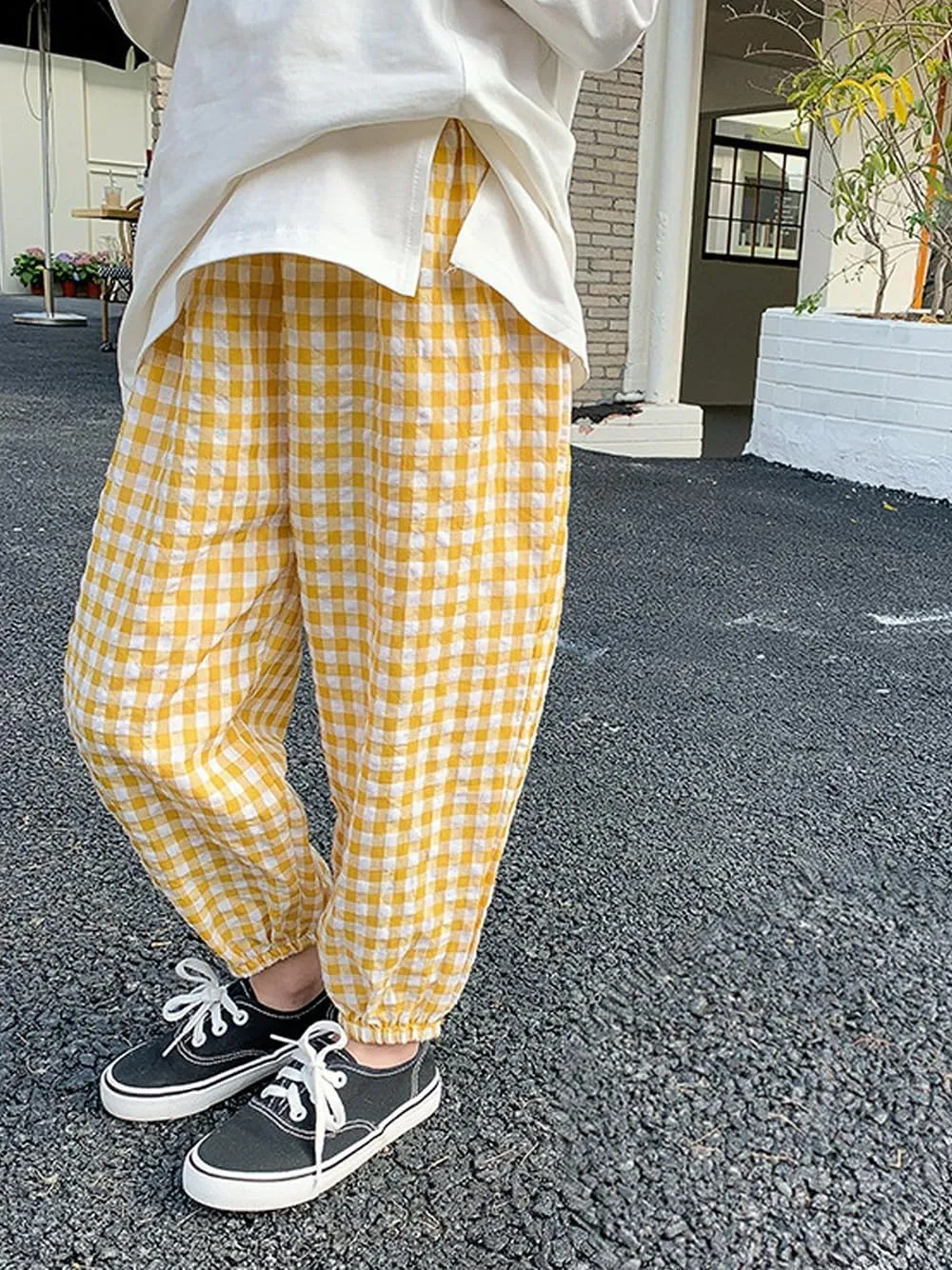 BINIDUCKLING Toddler Pull Up Loose Gingham Girls Pants 2-9 Years