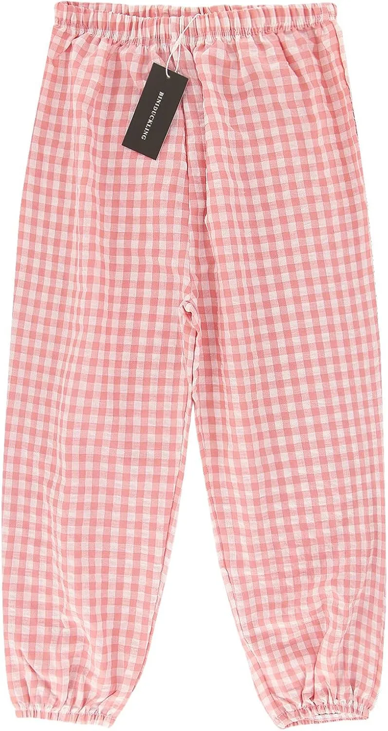 BINIDUCKLING Toddler Pull Up Loose Gingham Girls Pants 2-9 Years