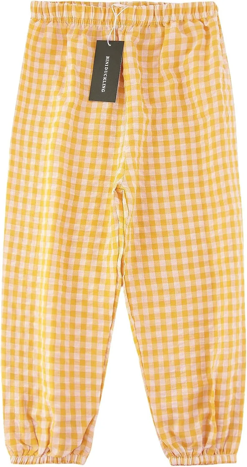 BINIDUCKLING Toddler Pull Up Loose Gingham Girls Pants 2-9 Years