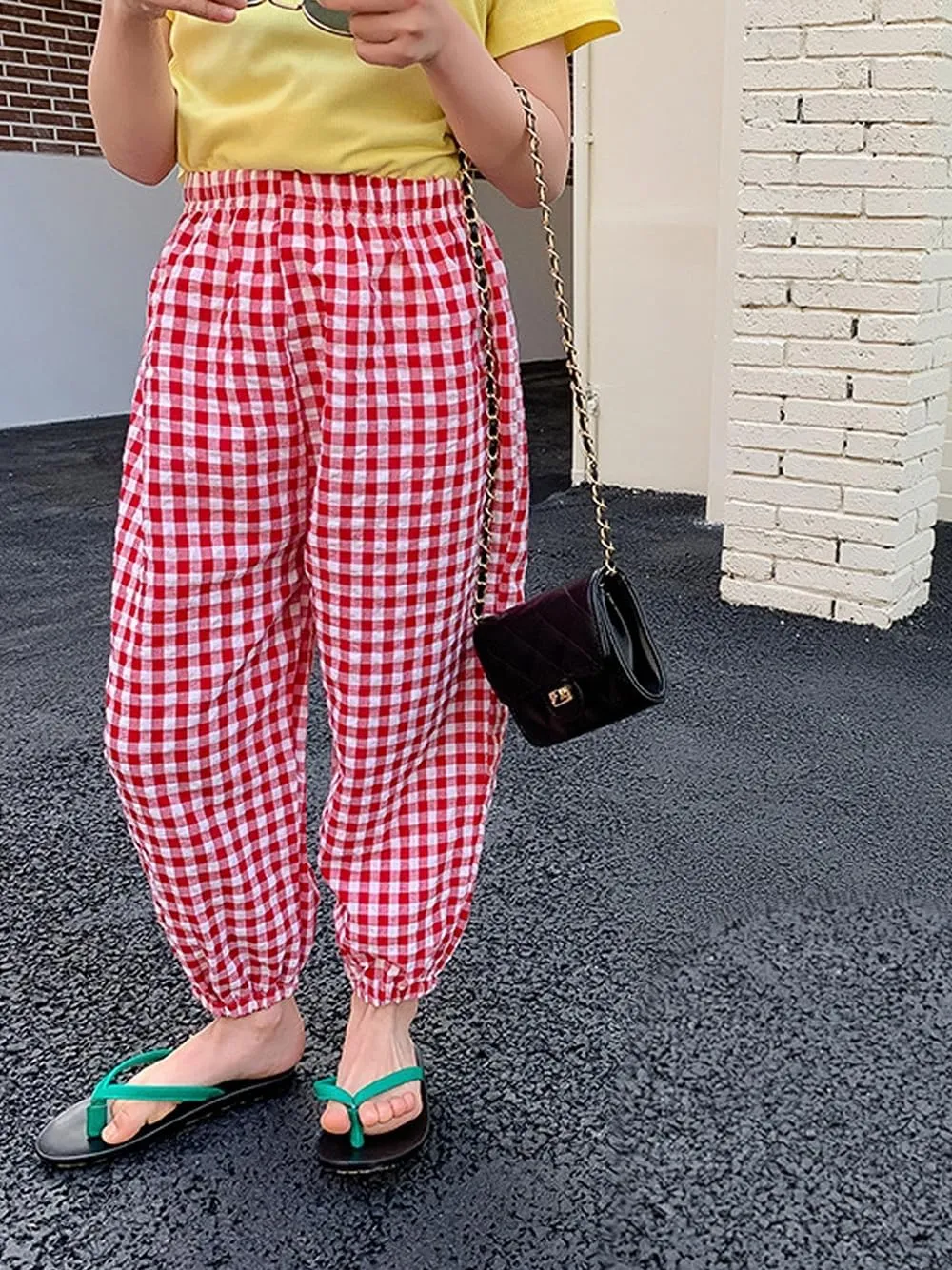 BINIDUCKLING Toddler Pull Up Loose Gingham Girls Pants 2-9 Years