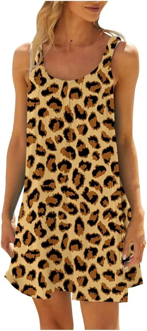 Boho Dresses for Women 2024 Printed Crewneck Sleeveless Sexy Mini Dress Beach Vacation Sundress Flowy Swing Cover Ups