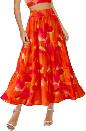 Boho Long Skirts for Women Trendy High Waisted Floral Maxi Skirt Casual Summer Flowy Tiered A Line Skirt Beach Outfit