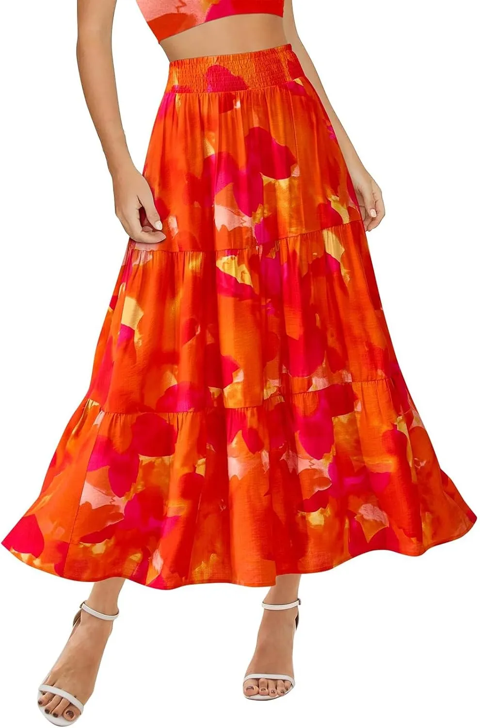 Boho Long Skirts for Women Trendy High Waisted Floral Maxi Skirt Casual Summer Flowy Tiered A Line Skirt Beach Outfit