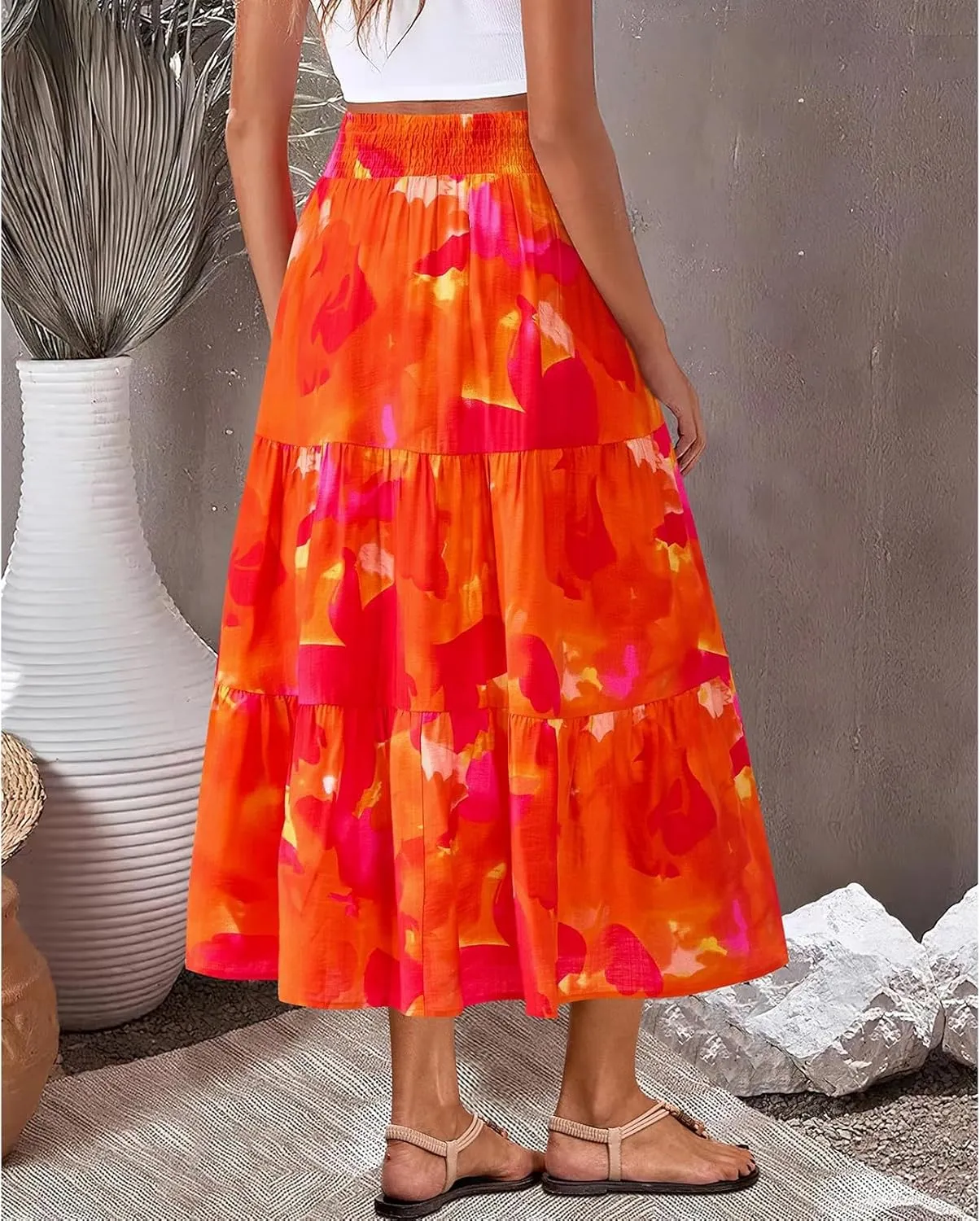 Boho Long Skirts for Women Trendy High Waisted Floral Maxi Skirt Casual Summer Flowy Tiered A Line Skirt Beach Outfit