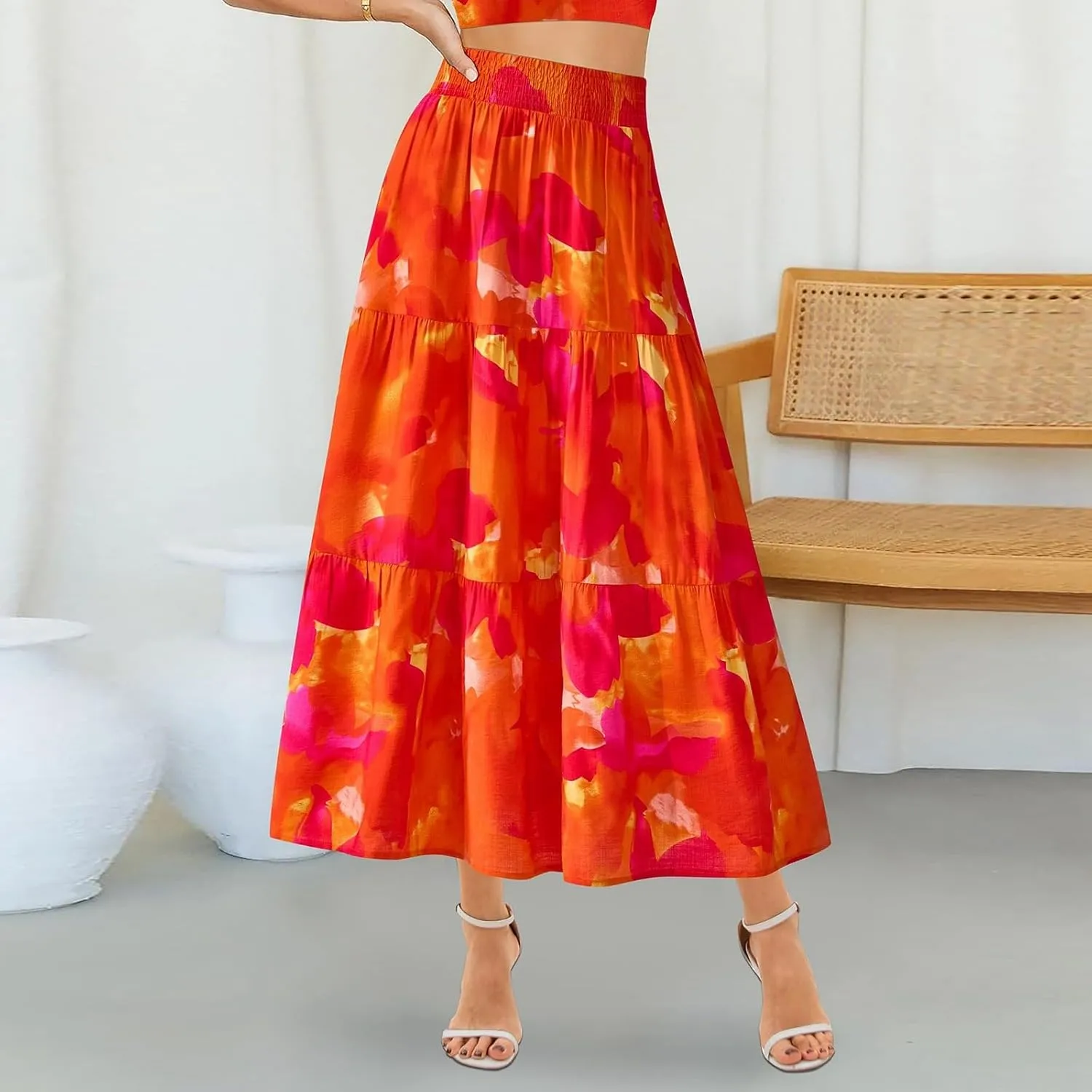 Boho Long Skirts for Women Trendy High Waisted Floral Maxi Skirt Casual Summer Flowy Tiered A Line Skirt Beach Outfit