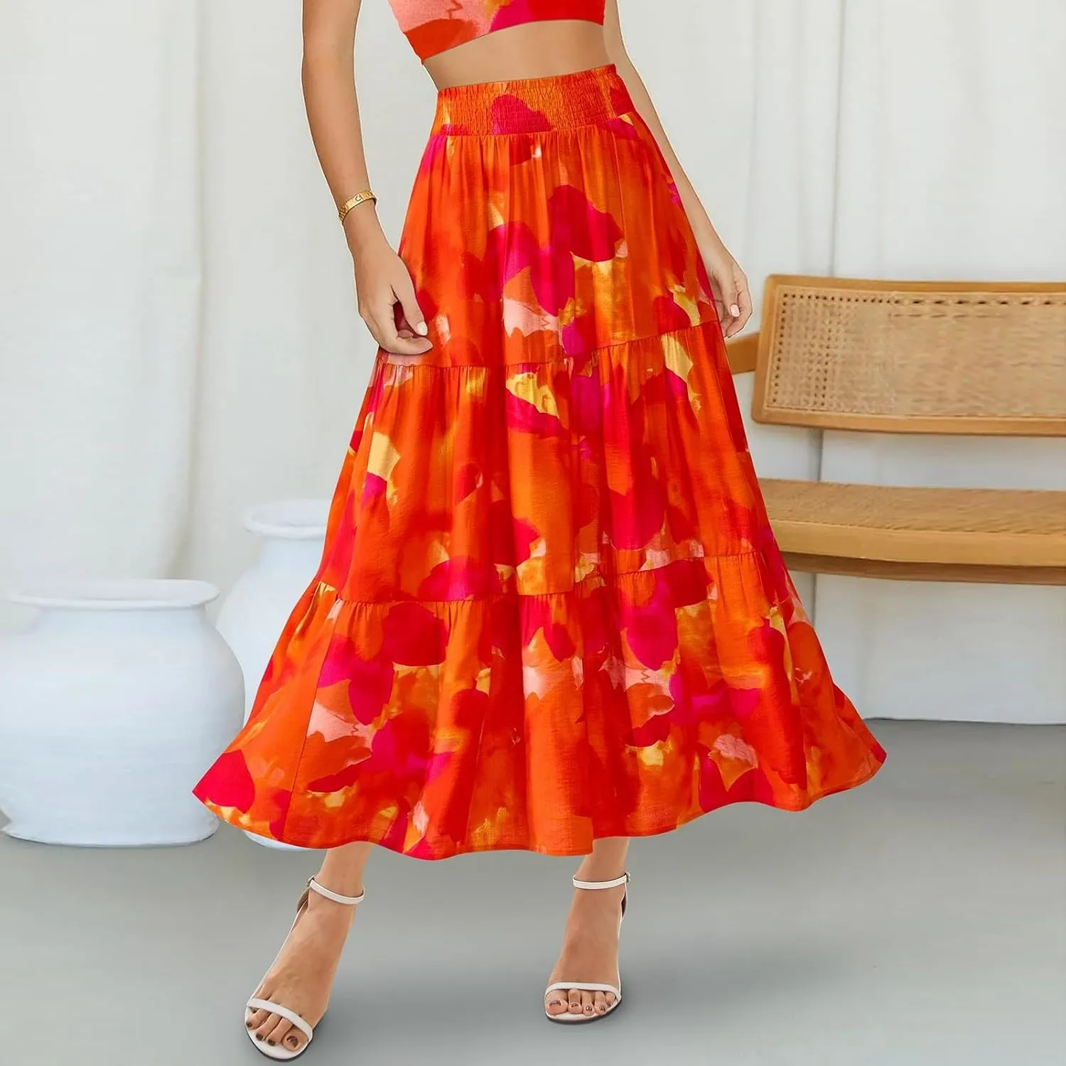 Boho Long Skirts for Women Trendy High Waisted Floral Maxi Skirt Casual Summer Flowy Tiered A Line Skirt Beach Outfit