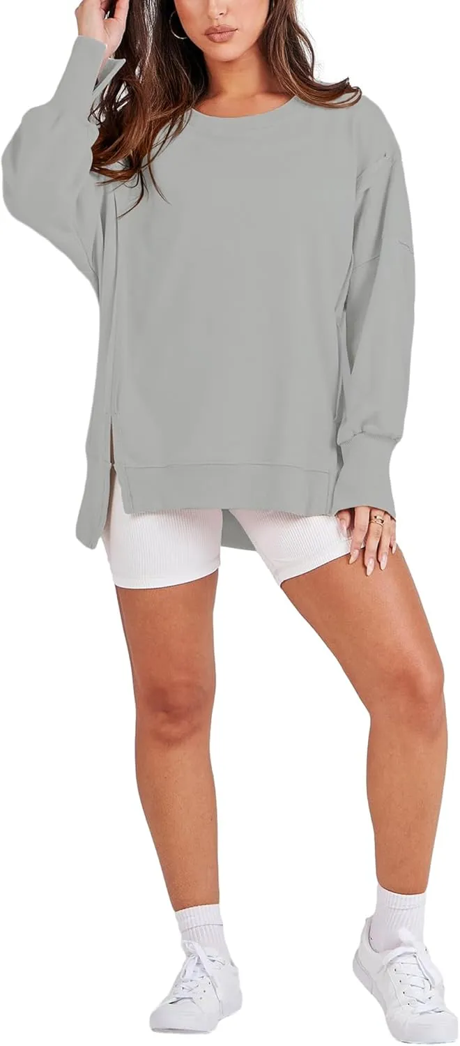 Bornpom Oversized Sweatshirt Crewneck Sweatshirts Long Sleeve Shirts Slit Pullover Top Solid Color Preppy Clothes