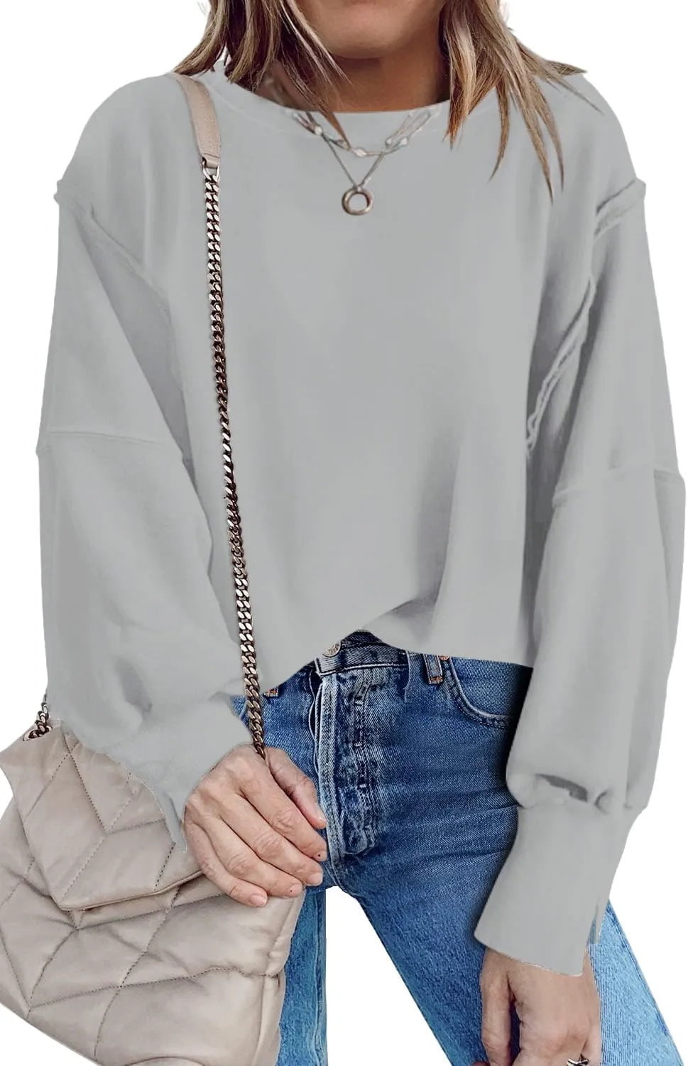 Bornpom Oversized Sweatshirt Crewneck Sweatshirts Long Sleeve Shirts Slit Pullover Top Solid Color Preppy Clothes