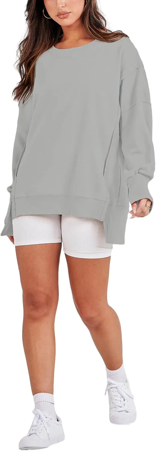 Bornpom Oversized Sweatshirt Crewneck Sweatshirts Long Sleeve Shirts Slit Pullover Top Solid Color Preppy Clothes