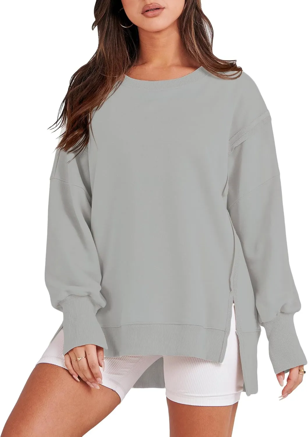 Bornpom Oversized Sweatshirt Crewneck Sweatshirts Long Sleeve Shirts Slit Pullover Top Solid Color Preppy Clothes