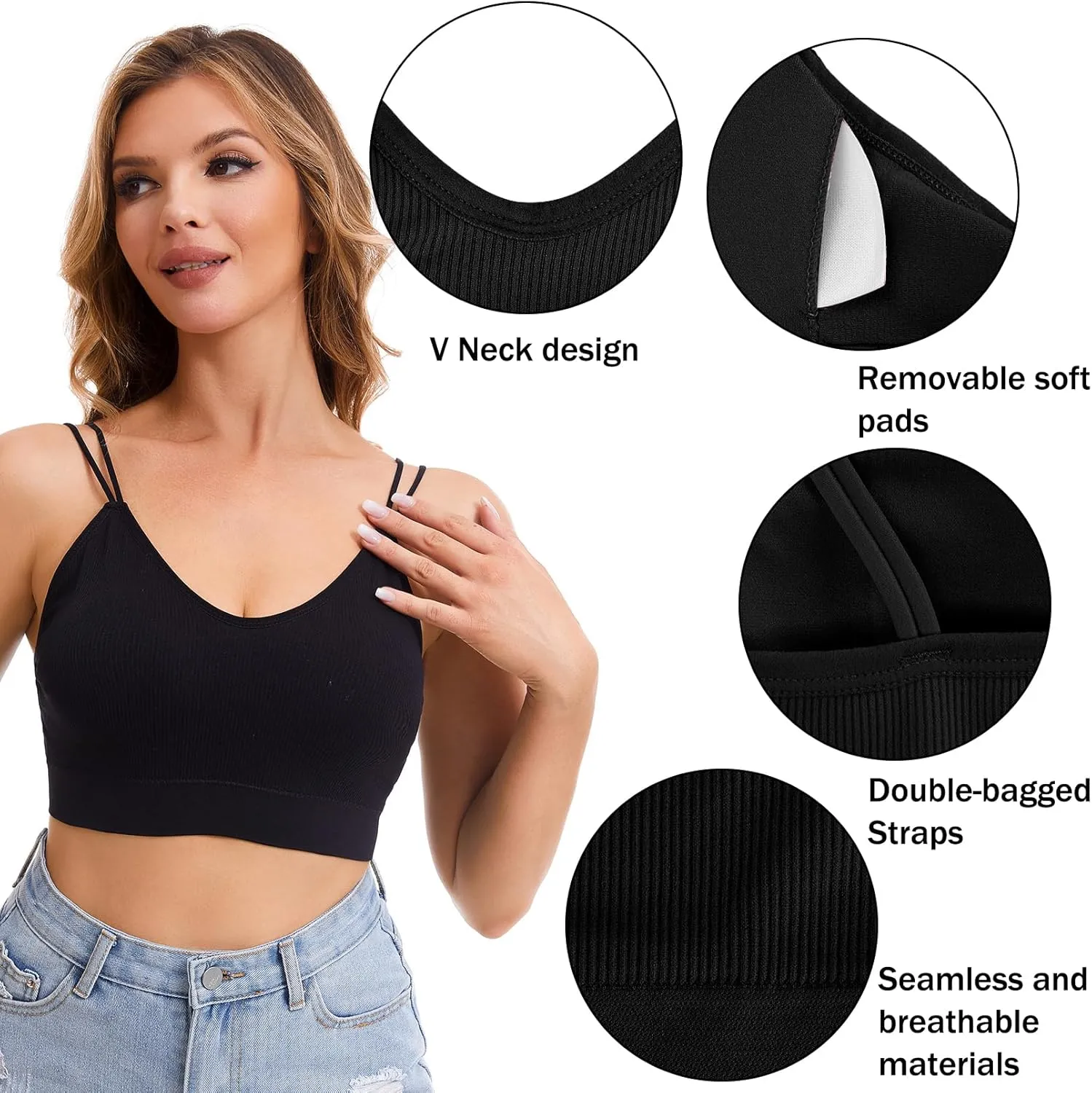 BQTQ 5 Pcs V Neck Tube Top Bra Padded Camisole Bra for Women Seamless Bralettes