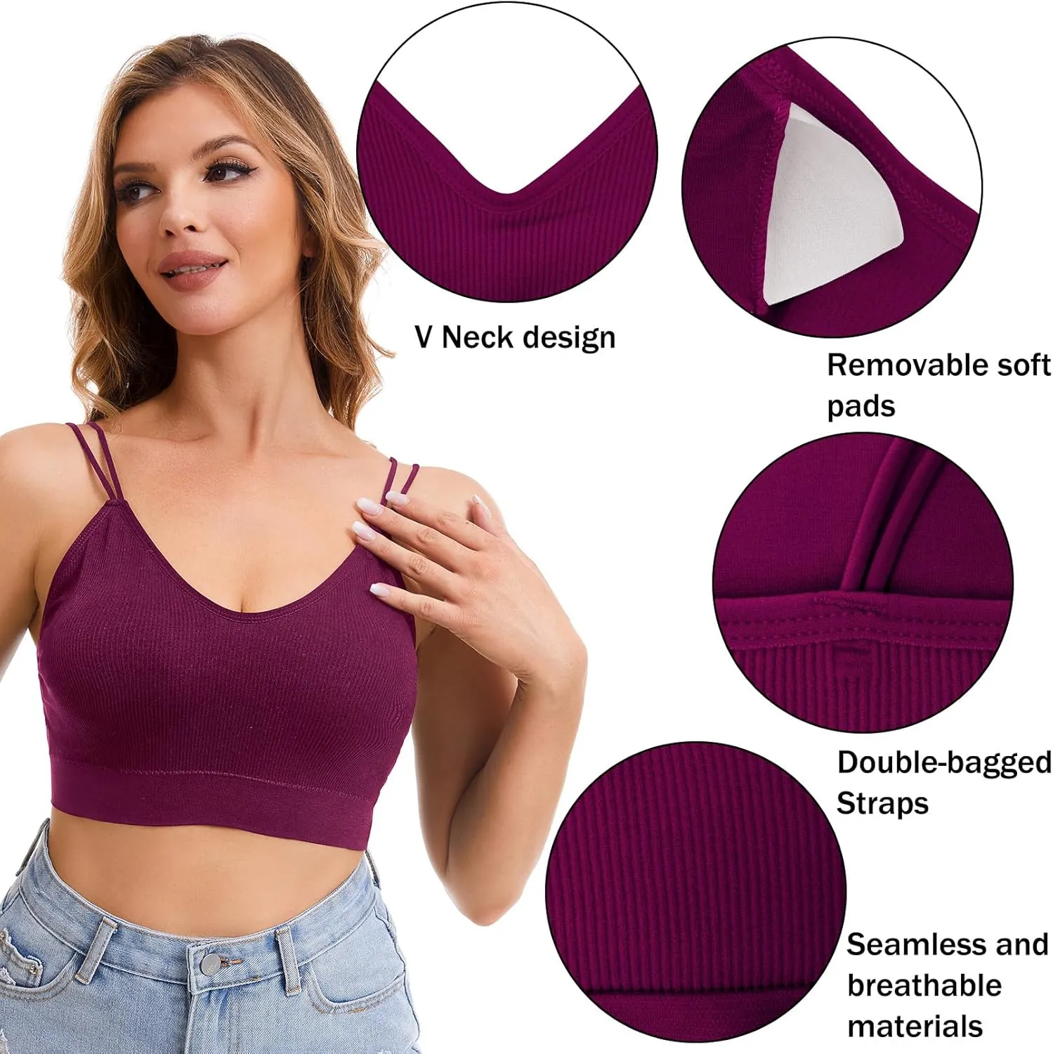 BQTQ 6 Pcs V Neck Bralettes for Women Padded Bralette with Straps Seamless Bra