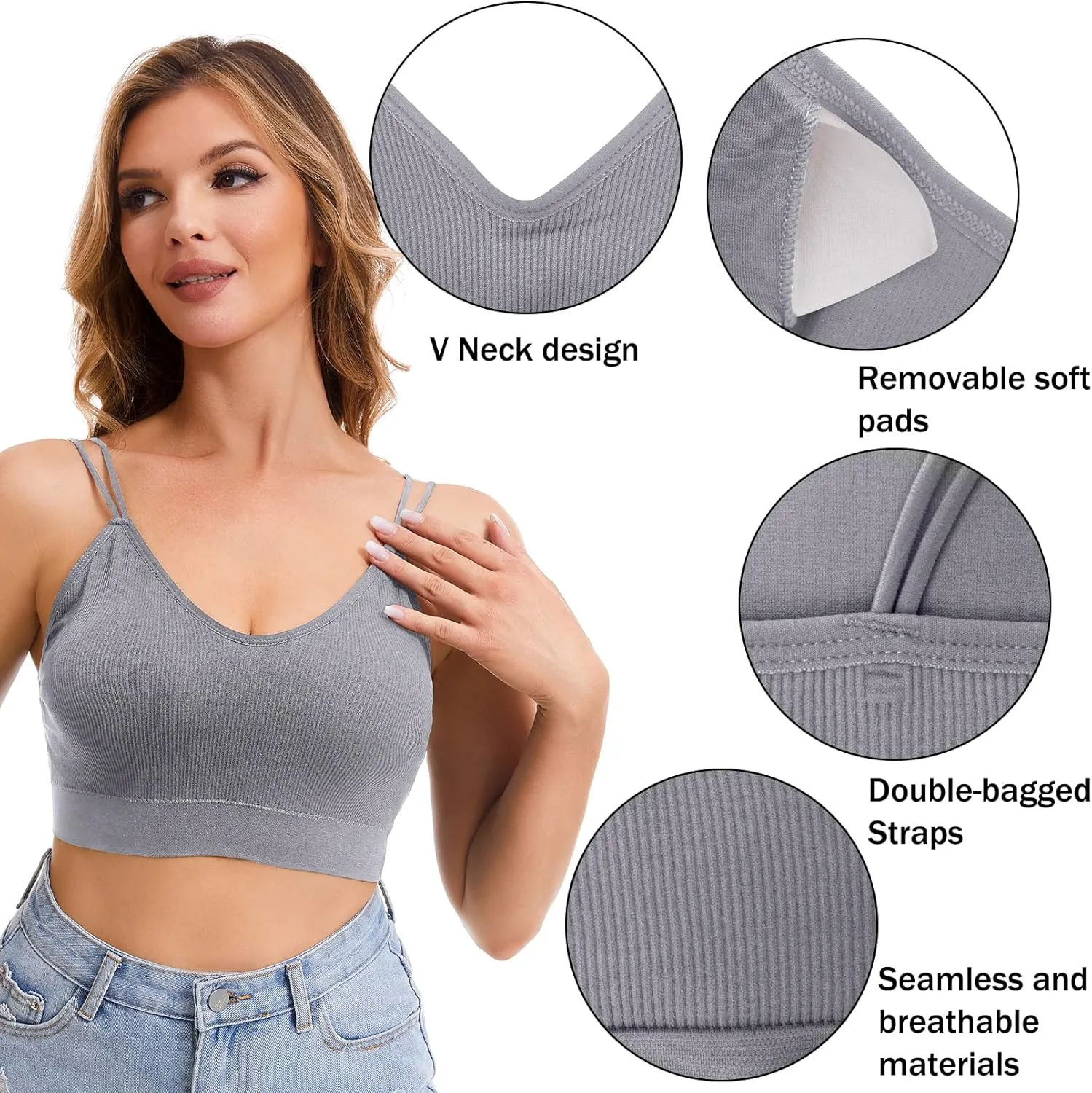 BQTQ 6 Pcs V Neck Bralettes for Women Padded Bralette with Straps Seamless Bra
