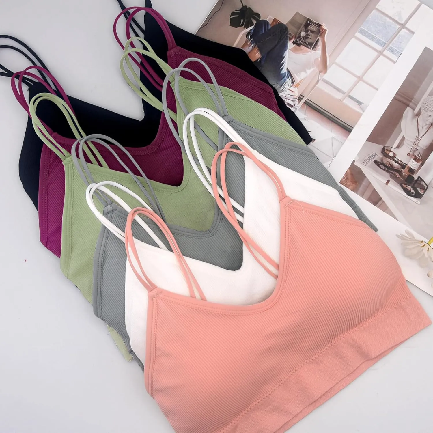 BQTQ 6 Pcs V Neck Bralettes for Women Padded Bralette with Straps Seamless Bra