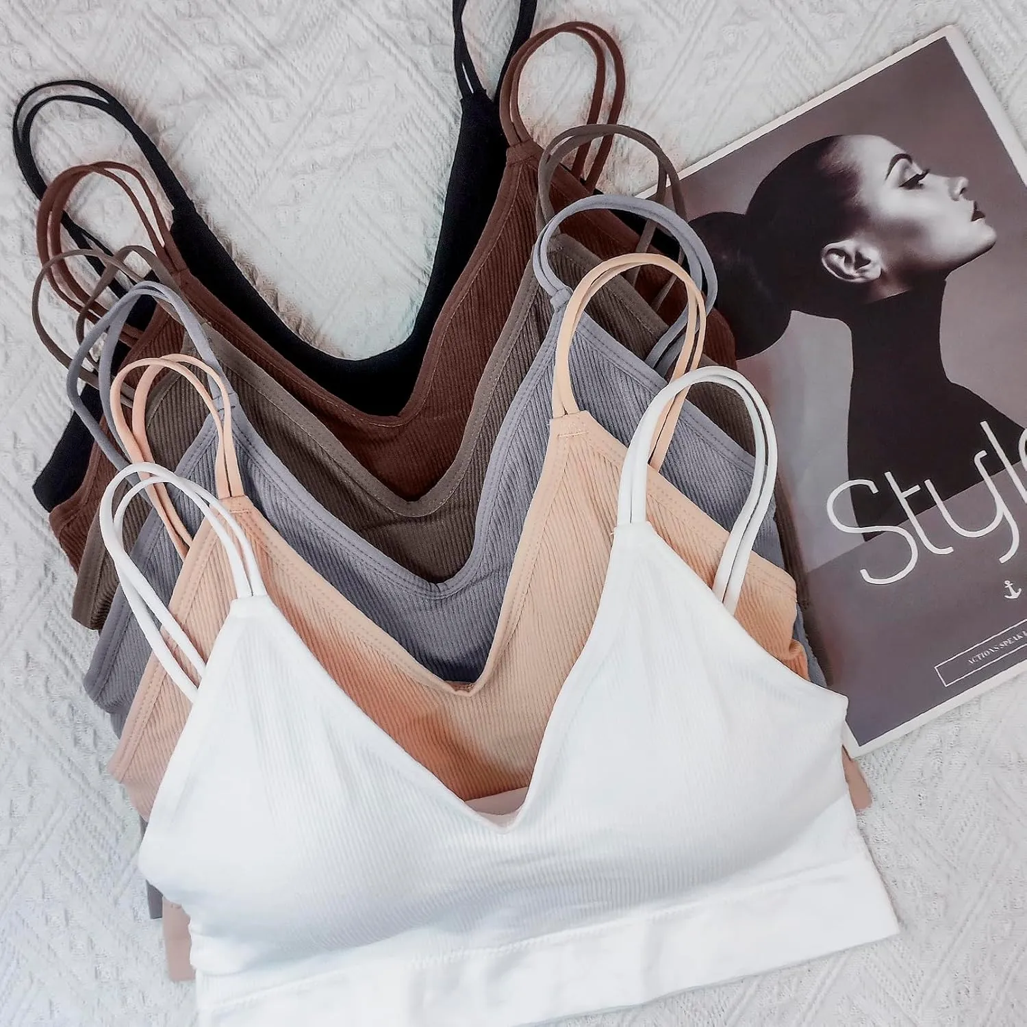 BQTQ 6 Pcs V Neck Bralettes for Women Padded Bralette with Straps Seamless Bra