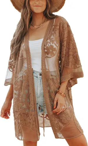 Bsubseach 2025 Kimonos for Women Lace Swimsuit Coverup Mesh Swim Cover Up Beach Vacation Sheer Kimono Duster Cardigans