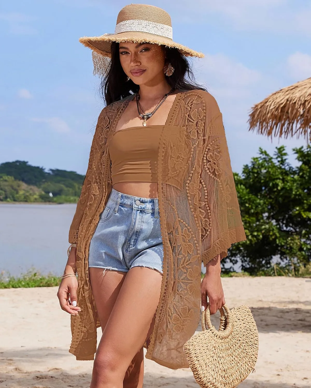 Bsubseach 2025 Kimonos for Women Lace Swimsuit Coverup Mesh Swim Cover Up Beach Vacation Sheer Kimono Duster Cardigans