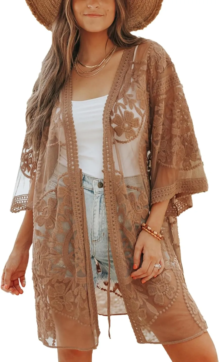 Bsubseach 2025 Kimonos for Women Lace Swimsuit Coverup Mesh Swim Cover Up Beach Vacation Sheer Kimono Duster Cardigans