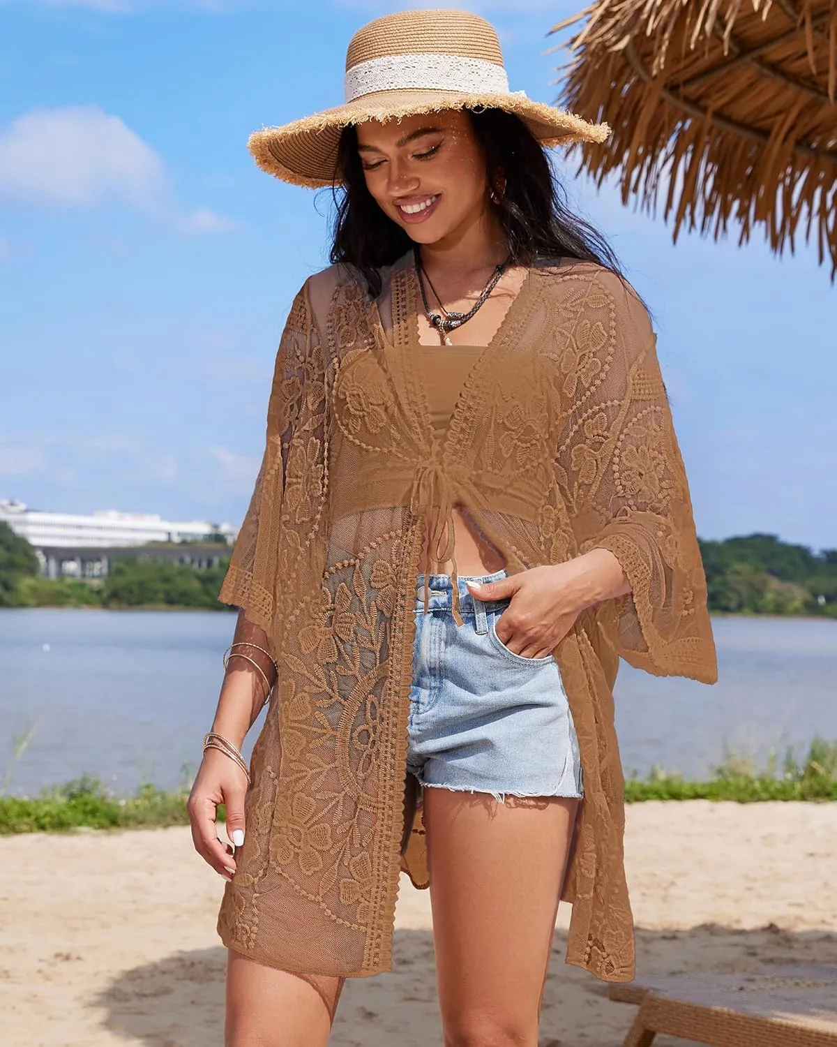 Bsubseach 2025 Kimonos for Women Lace Swimsuit Coverup Mesh Swim Cover Up Beach Vacation Sheer Kimono Duster Cardigans