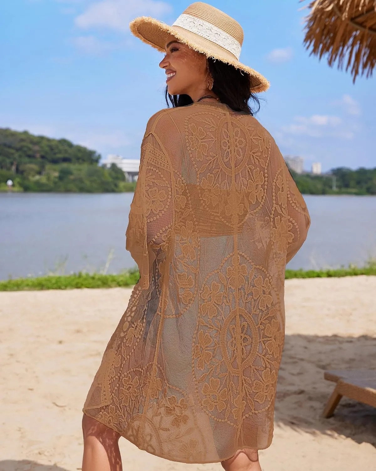 Bsubseach 2025 Kimonos for Women Lace Swimsuit Coverup Mesh Swim Cover Up Beach Vacation Sheer Kimono Duster Cardigans