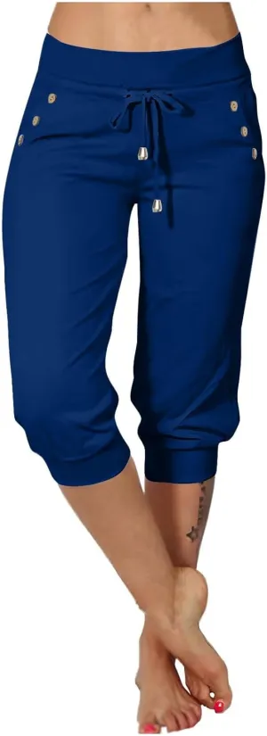 Capri Pants for Women High Waist Drawstring Comfy Pants Joggers Stretch Lightweigh Pant Cropped Beach Trousers