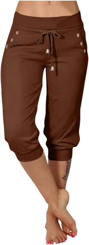 Capri Pants for Women High Waist Drawstring Comfy Pants Joggers Stretch Lightweigh Pant Cropped Beach Trousers