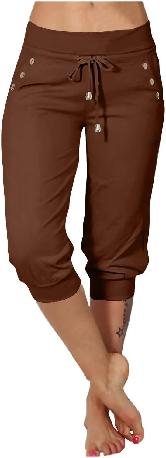 Capri Pants for Women High Waist Drawstring Comfy Pants Joggers Stretch Lightweigh Pant Cropped Beach Trousers