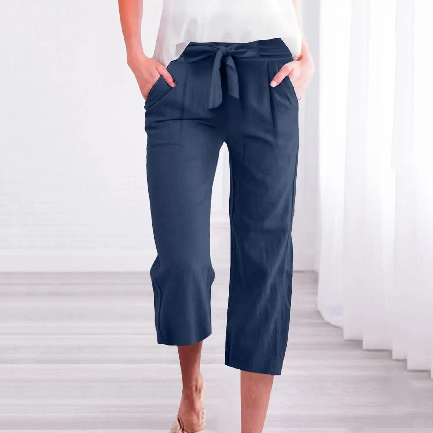 Capri Pants for Women High Waist Linen Casual Pant 2025 Summer Drawstring Elastic Wide Leg Plus Size Lounge Trouser