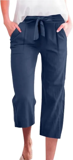 Capri Pants for Women High Waist Linen Casual Pant 2025 Summer Drawstring Elastic Wide Leg Plus Size Lounge Trouser