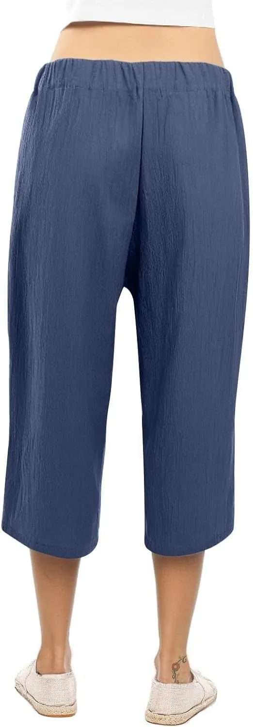 Capri Pants for Women High Waist Linen Casual Pant 2025 Summer Drawstring Elastic Wide Leg Plus Size Lounge Trouser