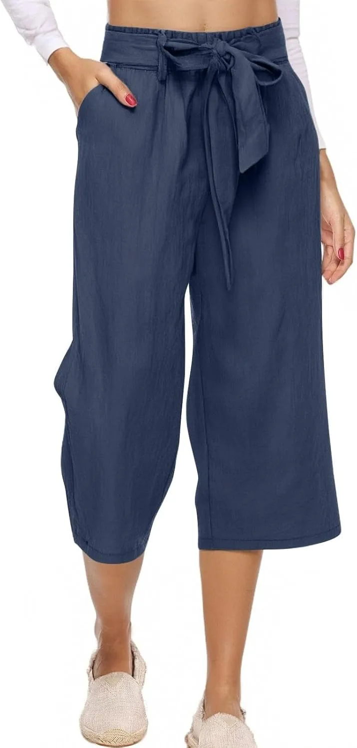 Capri Pants for Women High Waist Linen Casual Pant 2025 Summer Drawstring Elastic Wide Leg Plus Size Lounge Trouser