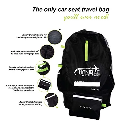 Car Seat Travel Bag with Pouch – Black – Adjustable Straps Backpack – Gate Check Bag for Car Seats for Air Travel with Baby – Protector Cover Infant Carriers & Boosters