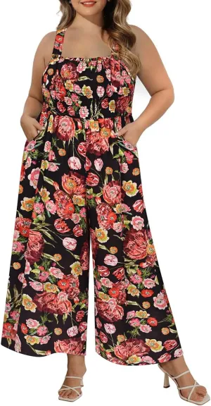 CARCOS Plus Size Jumpsuit for Curvy Women Summer Rompers Vacation Outfits Adjustable Sleeveless Wide Leg Overalls XL-5XL
