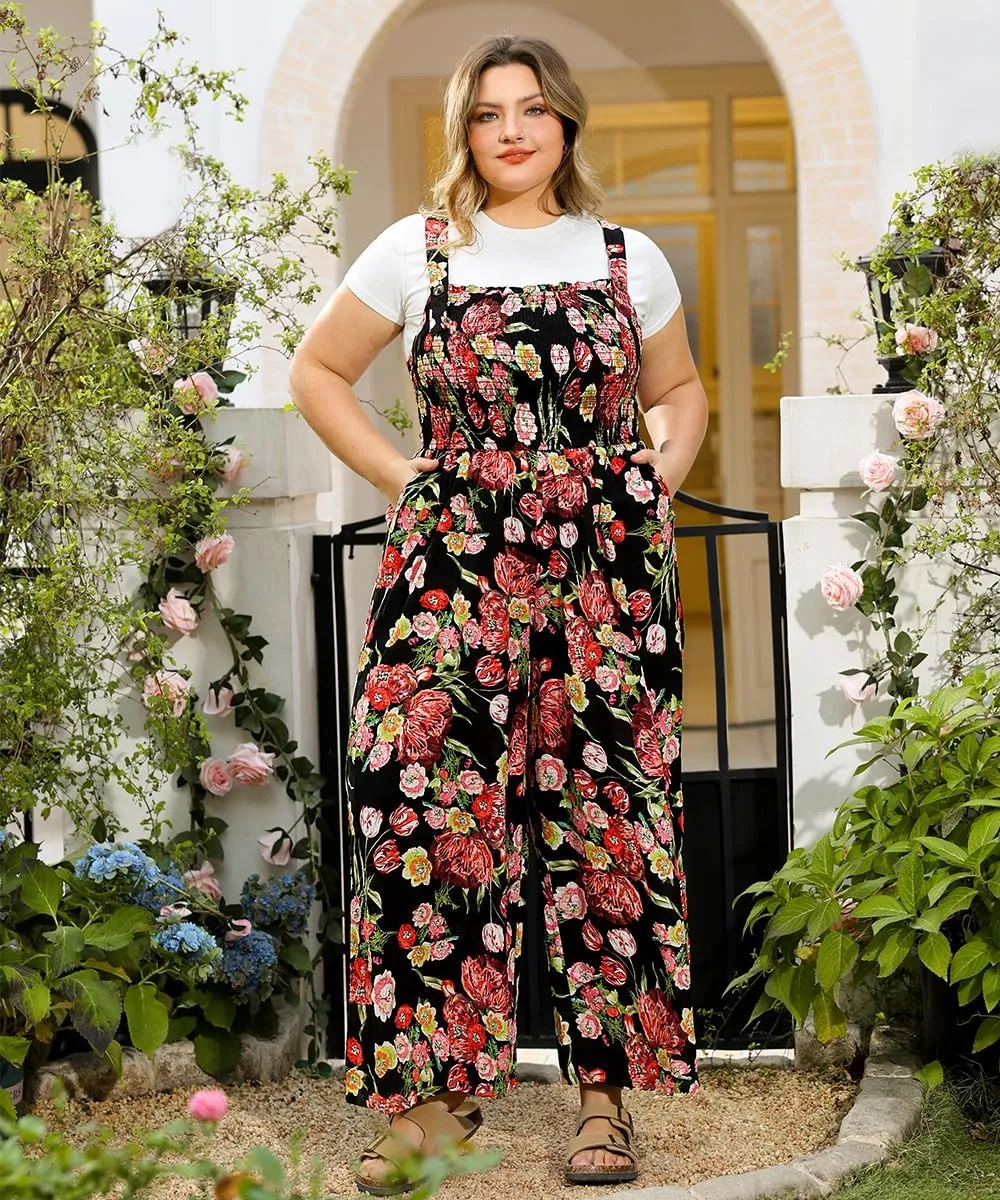 CARCOS Plus Size Jumpsuit for Curvy Women Summer Rompers Vacation Outfits Adjustable Sleeveless Wide Leg Overalls XL-5XL