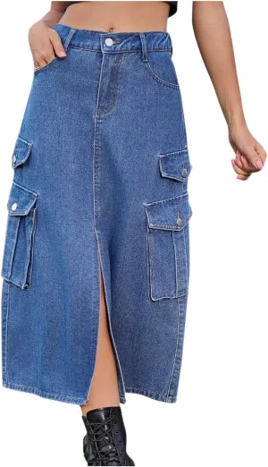 Cargo Skirts for Women Button High Waist Slit Midi Skirt with Pocket Casual Solid Color Jean Skirt