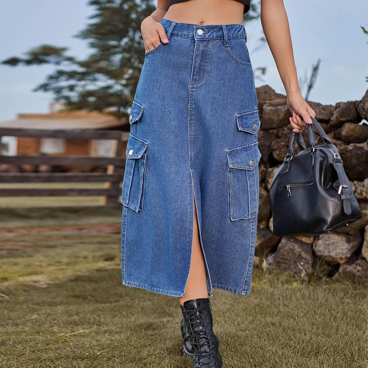 Cargo Skirts for Women Button High Waist Slit Midi Skirt with Pocket Casual Solid Color Jean Skirt