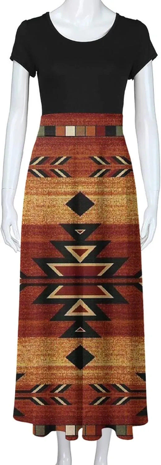 Ceboyel Women Western Aztec Maxi Long Dresses Vintage Ethnic Floor Length Dresses Casual Dresses Summer Clothes 2023