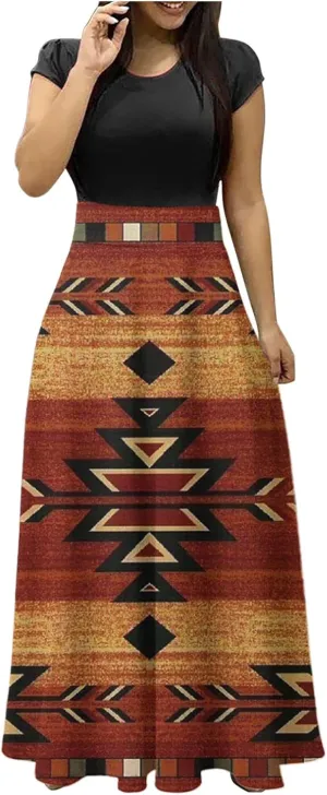 Ceboyel Women Western Aztec Maxi Long Dresses Vintage Ethnic Floor Length Dresses Casual Dresses Summer Clothes 2023