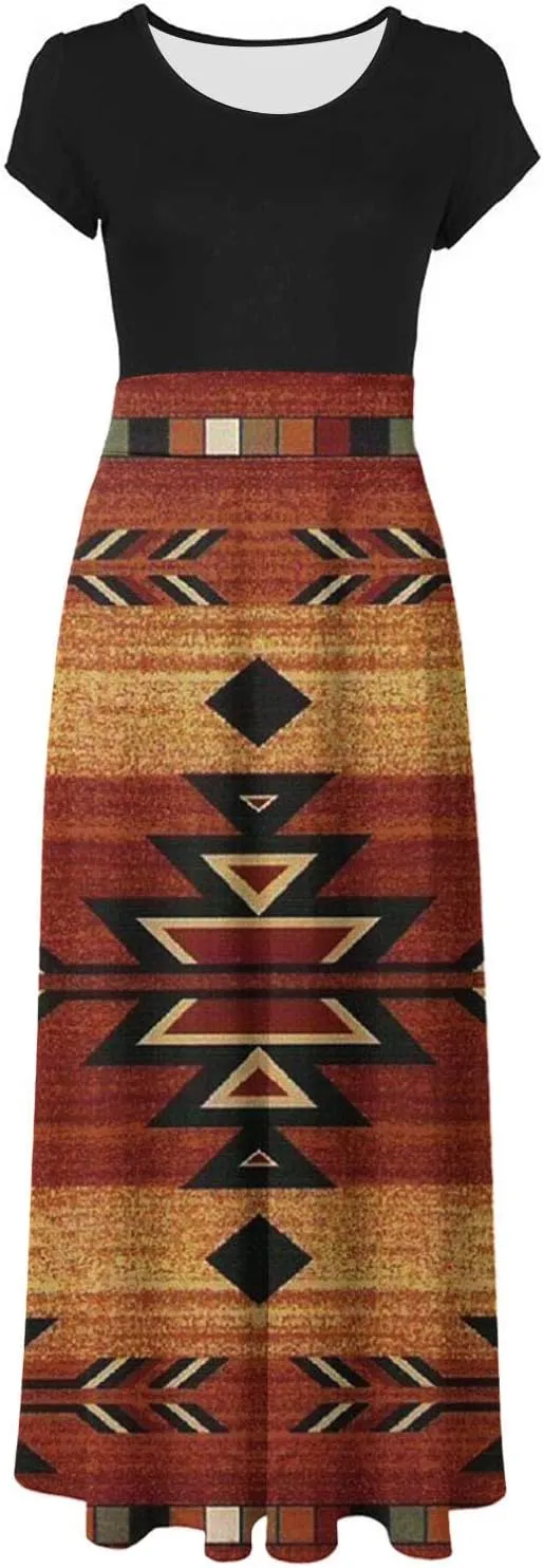 Ceboyel Women Western Aztec Maxi Long Dresses Vintage Ethnic Floor Length Dresses Casual Dresses Summer Clothes 2023
