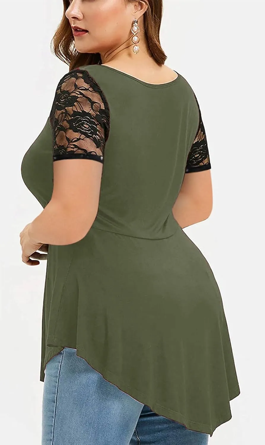 Chvity Womens Plus Size Tops O-Neck Asymmetric Short Sleeve Tunics Lace Blouse Shirts for Summer Casual S-5X