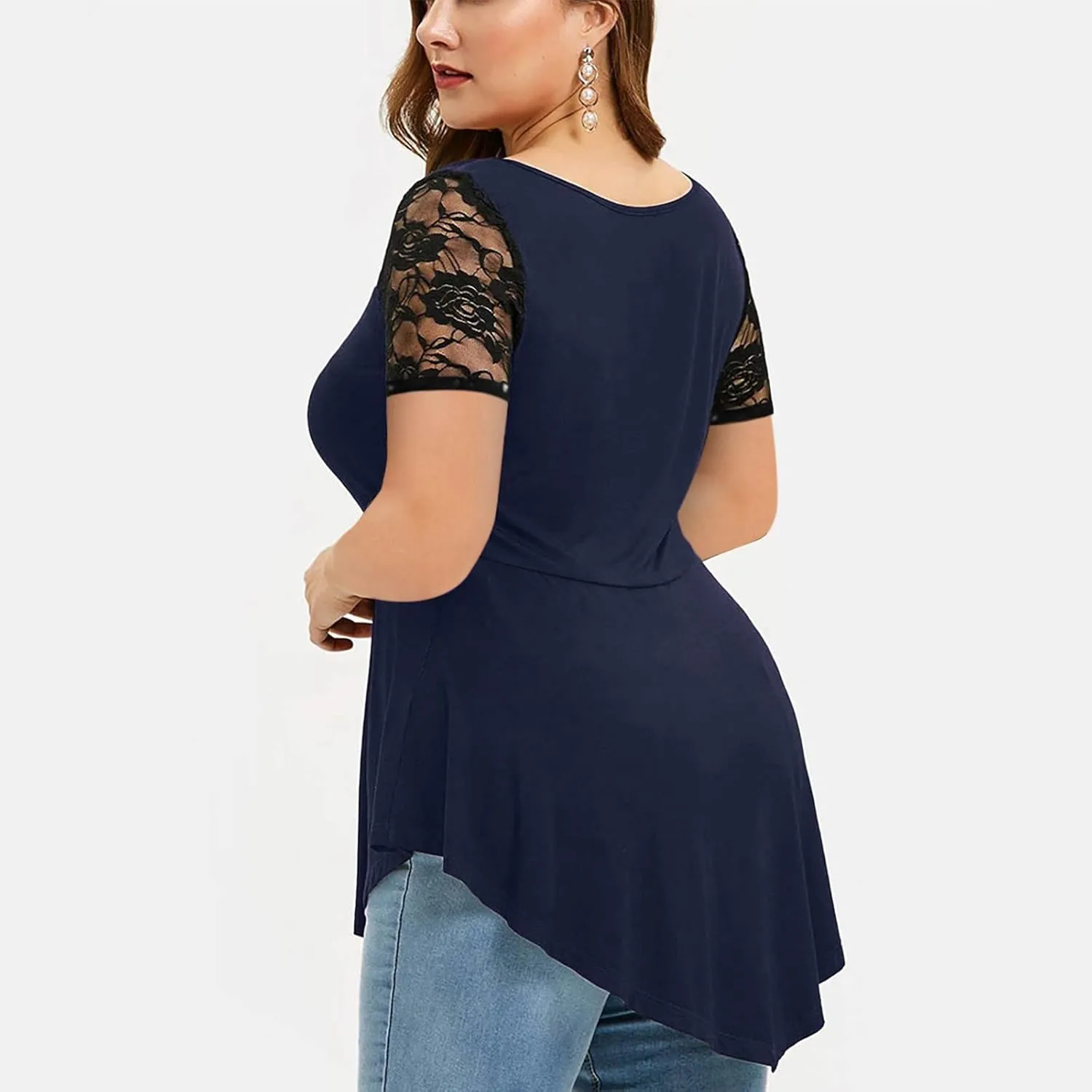 Chvity Womens Plus Size Tops O-Neck Asymmetric Short Sleeve Tunics Lace Blouse Shirts for Summer Casual S-5X