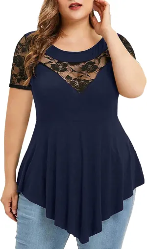 Chvity Womens Plus Size Tops O-Neck Asymmetric Short Sleeve Tunics Lace Blouse Shirts for Summer Casual S-5X